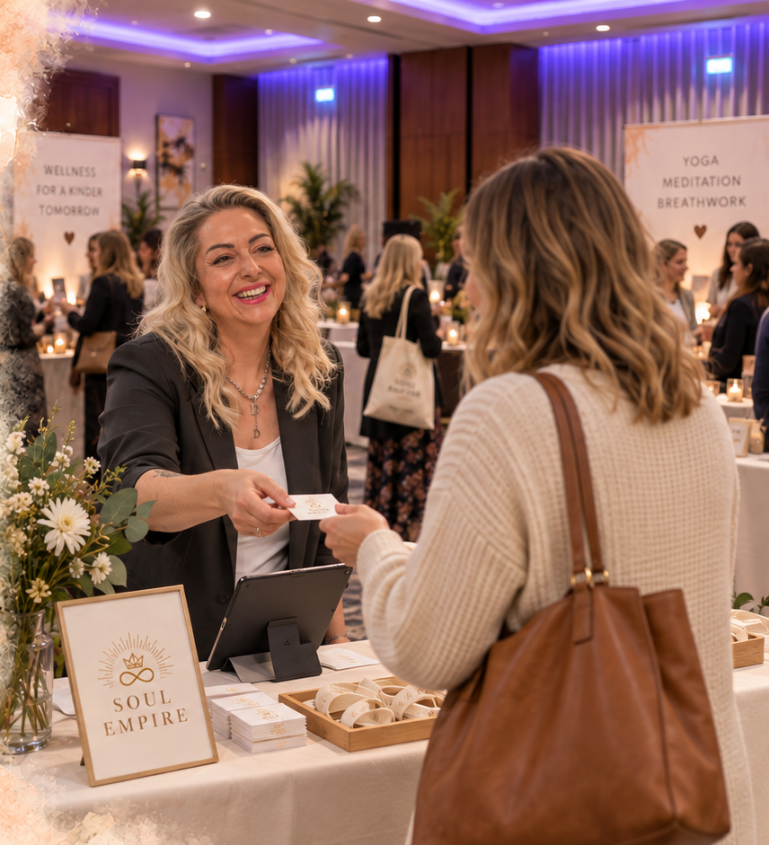 An exhibitor warmly welcoming a guest to her stall at a Soul Empire event