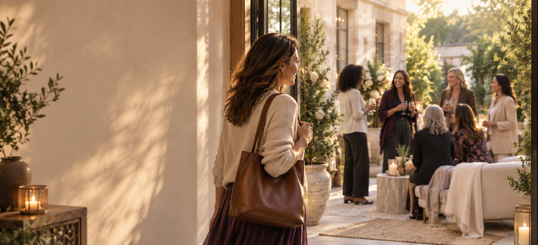A guest arriving at a warm Soul Empire gathering at golden hour