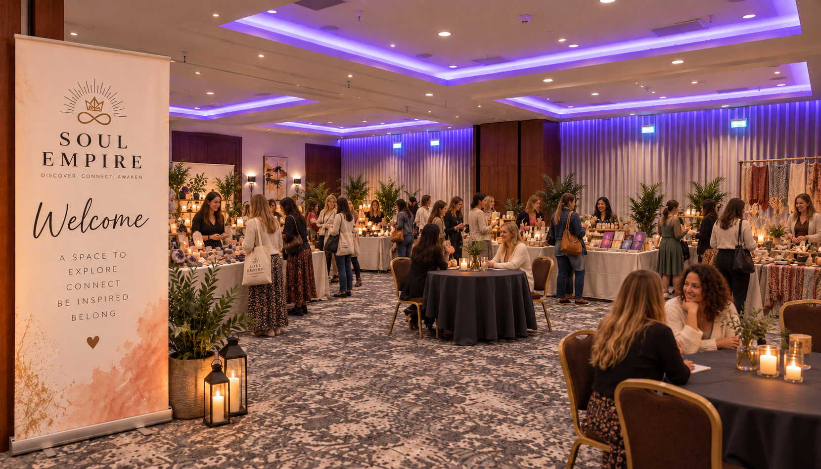 Guests browsing practitioner and wellbeing stalls at a Soul Empire event